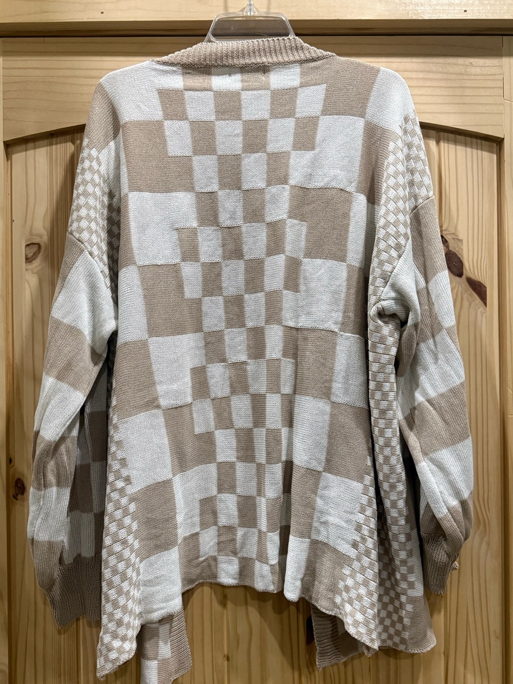 Women's Checkerboard Open-Front Cardigan Sweater - Cream & Beige, Size XL - Picture 6 of 8